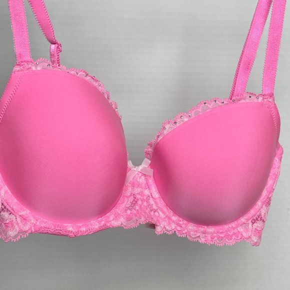 Victoria's Secret Retro Dream Angels Demi Bra 34C Shimmer Lace Neon Coral Pink - Picture 2 of 12